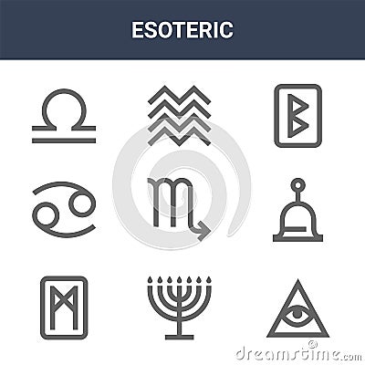 9 esoteric icons pack. trendy esoteric icons on white background. thin outline line icons such as all seeing eye, bell, earth . Vector Illustration