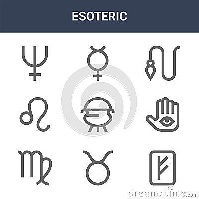 9 esoteric icons pack. trendy esoteric icons on white background. thin outline line icons such as rune, illuminati, mercury . Vector Illustration