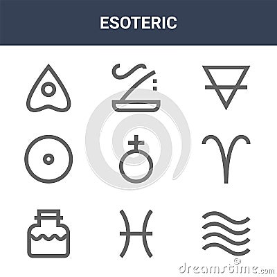 9 esoteric icons pack. trendy esoteric icons on white background. thin outline line icons such as water, aries, incense burner . Vector Illustration
