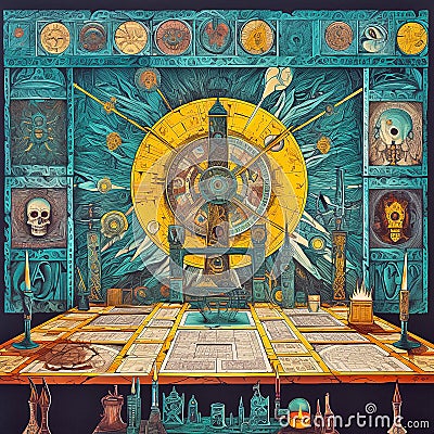 Esoteric illustration with mystic symbols and objects for rituals and fortune-telling. Generative AI Cartoon Illustration