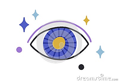 Esoteric magic evil eye among stars. Mystical occult eyeball with hypnotic look. Holy God watching. Ancient spiritual Vector Illustration