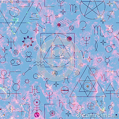 Esoteric pattern seamless texture Alchemy, astrology symbols and signs, planets, stars pictogram. Magic sacred, esoteric Stock Photo