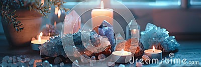 esoteric still life with candles and crystals, magical spiritual healing zen composition, modern witchcraft concept Stock Photo