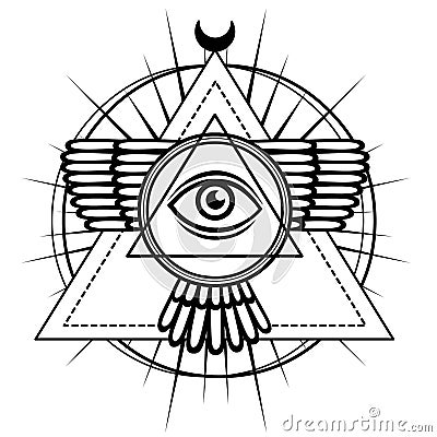 Esoteric symbol: winged pyramid, knowledge eye, sacred geometry. Vector Illustration