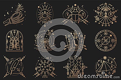 Esoteric symbols. Vector illustration. Outline icon for alchemy, sacred geometry. Mystic, magic design with man in yoga Vector Illustration