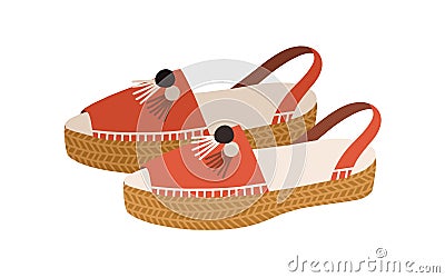 Espadrilles or modern peep-toe sandals with flat rope sole and canvas upper. Fashion trendy summer footwear. Colored Vector Illustration