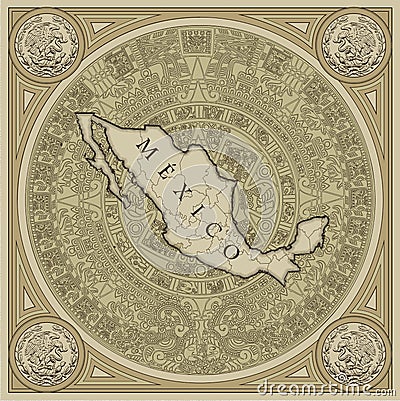 Map of mexico on a background of inca patterns Vector Illustration
