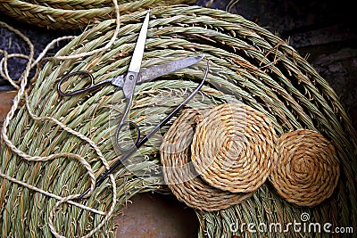 Esparto weaver crafts tools scissor needle Stock Photo
