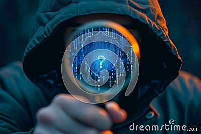 Espionage alert Hacker with magnifying glass, representing information security concern Stock Photo