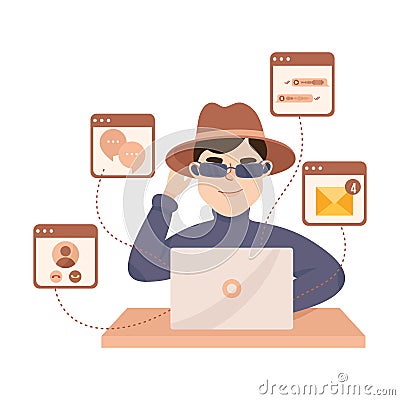 Espionage with Man Private Detective in Hat and Sunglasses at Laptop Collecting Evidence Vector Illustration Vector Illustration