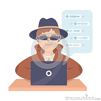 Espionage with Man Private Detective at Laptop Observing Chat Audio Records Vector Illustration Vector Illustration