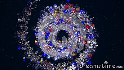 Espiral espléndida, guirnalda navideña con juguetes y oropel, lazo sin fisuras Animación plata giratoria y azul stock de ilustración Espiral espléndida, guirnalda navideña con juguetes y oropel, lazo sin fisuras Animación plata giratoria y azul stock de ilustración
