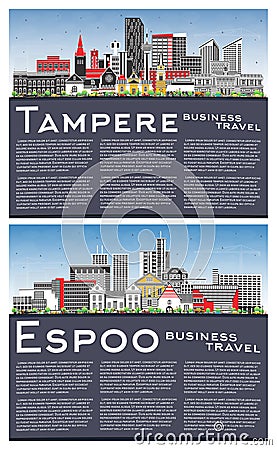 Espoo and Tampere Finland city skyline set with color buildings, blue sky and copy space. Cityscape with landmarks Stock Photo