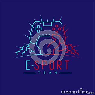 Esport logo icon outline stroke, Joypad or Controller gaming gear with hand, cloud and radius design illustration isolated on dark Vector Illustration