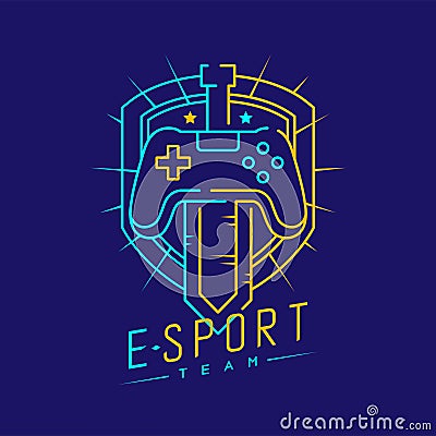 Esport logo icon outline stroke in shield radius frame, Joypad or Controller gaming gear with Sword design illustration isolated Vector Illustration