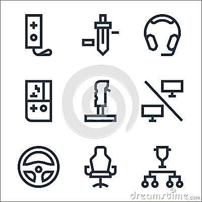 esports line icons. linear set. quality vector line set such as tournament, chair, steering wheel, match, game controller, Vector Illustration