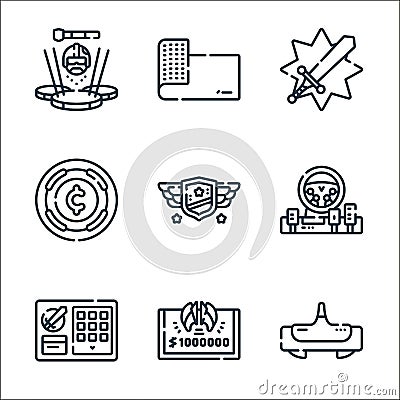 esports line icons. linear set. quality vector line set such as vr glasses, prize, inventory, drive, badge, coins, fight, mousepad Vector Illustration