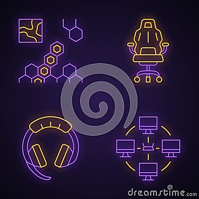 Esports neon light icons set Vector Illustration