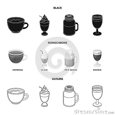 Esprecco, glase, milk shake, bicerin.Different types of coffee set collection icons in black,monochrome,outline style Vector Illustration