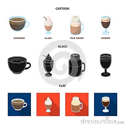 Esprecco, glase, milk shake, bicerin.Different types of coffee set collection icons in cartoon,black,flat style vector Vector Illustration