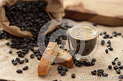 Espresso, Biscotti and Coffee Beans Stock Photo