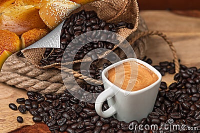 Espresso, Coffee Beans and Bread Stock Photo