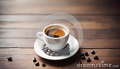 Espresso Coffee Cup With Beans On Vintage Table Stock Photo