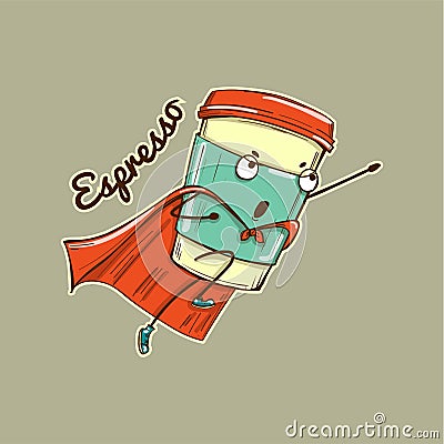 Espresso coffee cup superhero character, vector illustration Vector Illustration