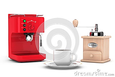 Espresso Coffee Making Machine with Wooden Coffee Mill and Cup Stock Photo