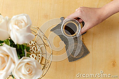 Espresso, Hand and With Roses Stock Photo