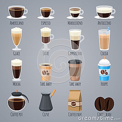 Espresso, latte, cappuccino in glasses and mugs. Coffee types for coffee house menu. Flat vector icons set Vector Illustration