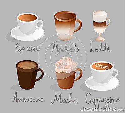 Espresso machiato latte americano mocha cappuccino set coffee menu cup drinks Vector Illustration