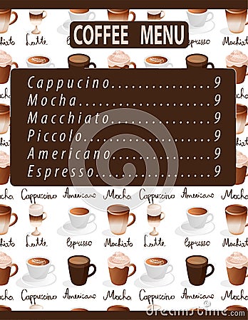 Espresso machiato latte americano mocha cappuccino set coffee menu cup drinks Stock Photo