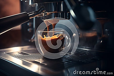 Espresso machine pours fresh black coffee closeup Stock Photo