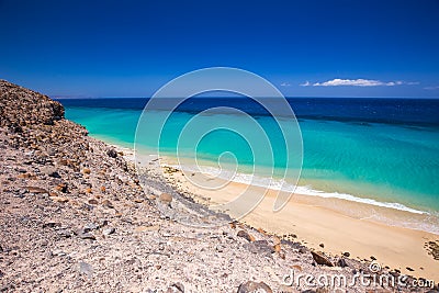 Esquinzo sandy beach with vulcanic mountains, Jandia, Fuerteventura, Canary Islands, Spain Stock Photo