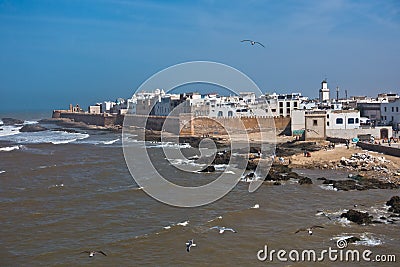 Essaouira aerial panoramic cityscape view of old city at the coast of Atlantic ocean in Morocco Stock Photo
