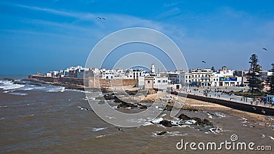 Essaouira aerial panoramic cityscape view of old city at the coast of Atlantic ocean in Morocco Stock Photo