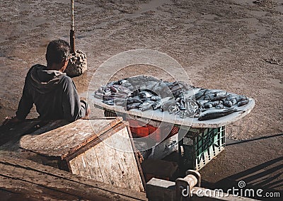 Essaouira, Morocco, December 30 2019: Fish stand at the fish market for locals in Essaouira. Editorial Stock Photo