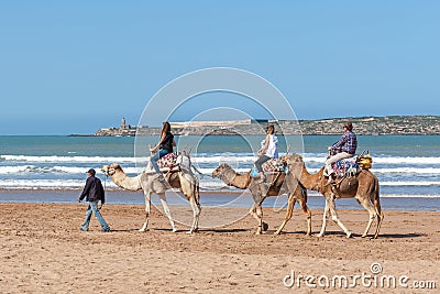 ESSAOUIRA/MOROCCO - MARCH 12, 2014: A group of tourists camel ride along the ocean Editorial Stock Photo