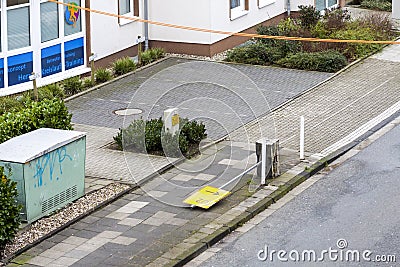 Essen , Germany - January 18 2018 : Temporary traffic Sign U2 overturned by the storm Friederike at the street crossing Editorial Stock Photo