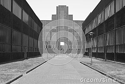 Facade of historic headquarter building of mine Zeche Zollverein. Nowadays it serves as red dot industry museum in Essen Editorial Stock Photo