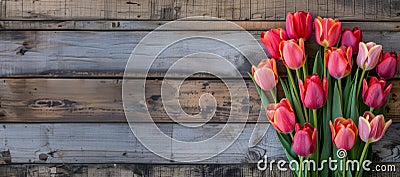 a vibrant bouquet of tulips against a rustic wooden background Stock Photo