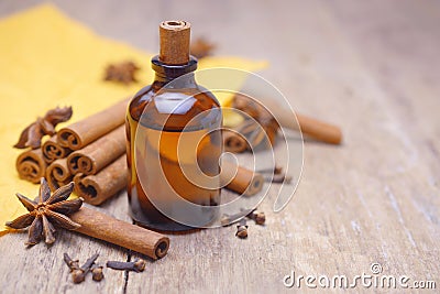 Essential aroma cinnamon oil. Stock Photo