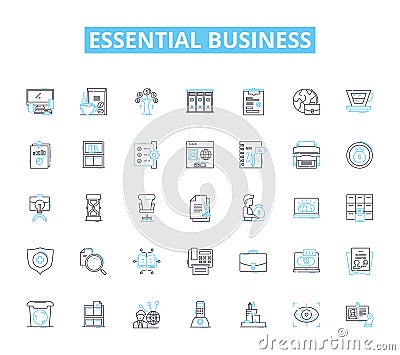 Essential business linear icons set. Essentiality, Vitality, Indispensable, Imperative, Crucial, Vital, Integral line Vector Illustration