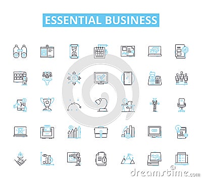 Essential business linear icons set. Essentiality, Vitality, Indispensable, Imperative, Crucial, Vital, Integral line Vector Illustration