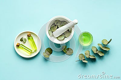 Essential eucalyptus oil and herbs cosmetic and skincare product Stock Photo