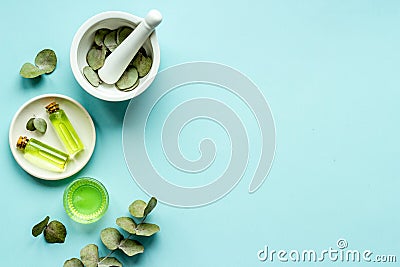 Essential eucalyptus oil and herbs cosmetic and skincare product Stock Photo