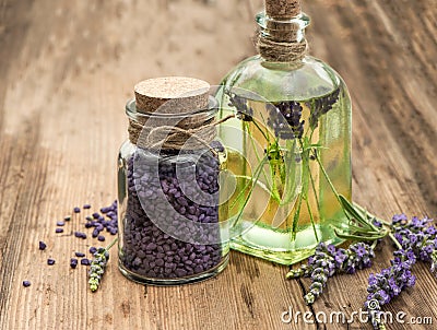Essential lavender oil, herbal soap and bath salt Stock Photo