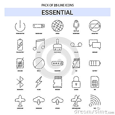 Essential Line Icon Set - 25 Dashed Outline Style Vector Illustration