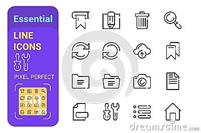 Essential line icons with perfect pixel Vector Illustration